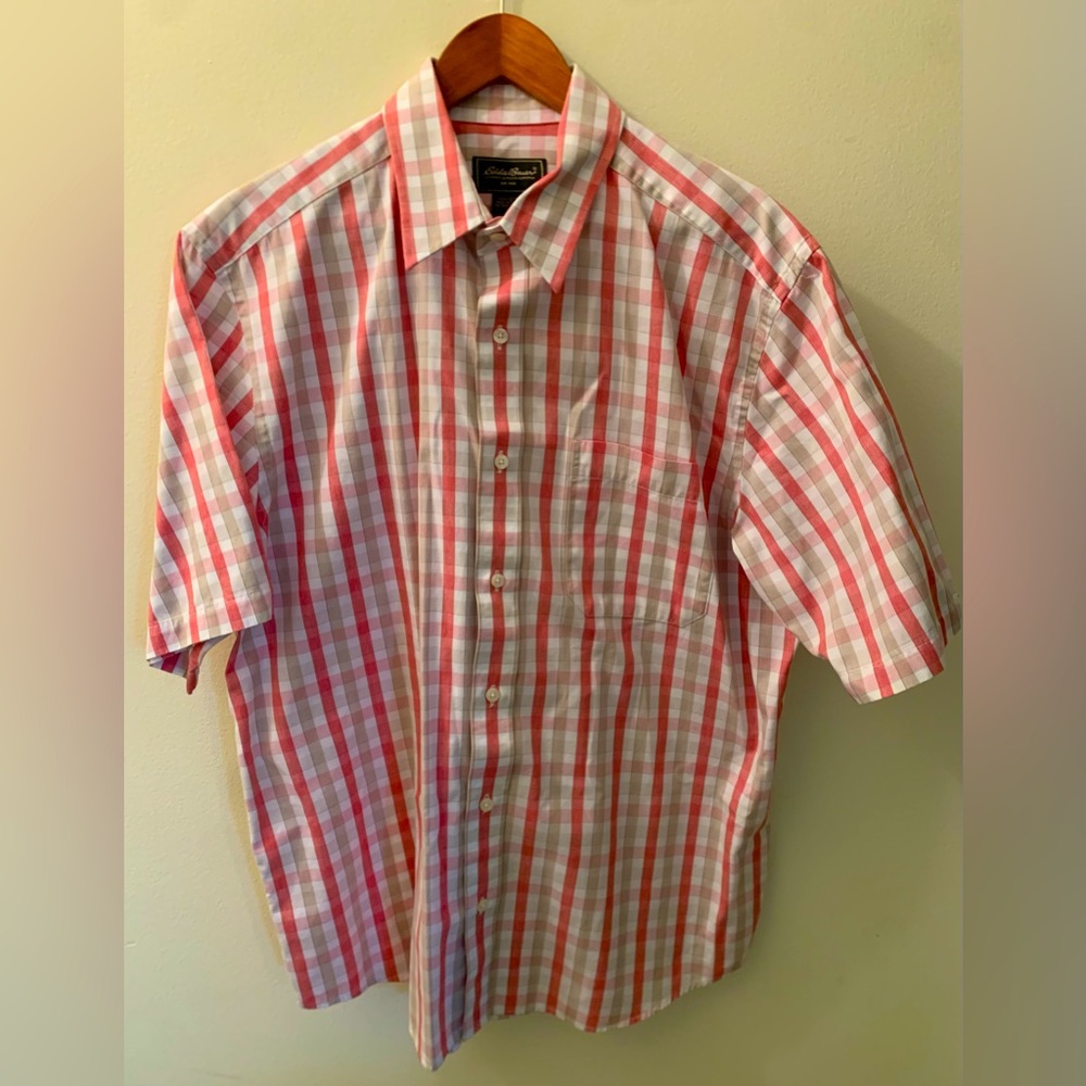 Eddie Bauer Light Pink Taupe Cream Short Sleeve Shirt Mens Size L